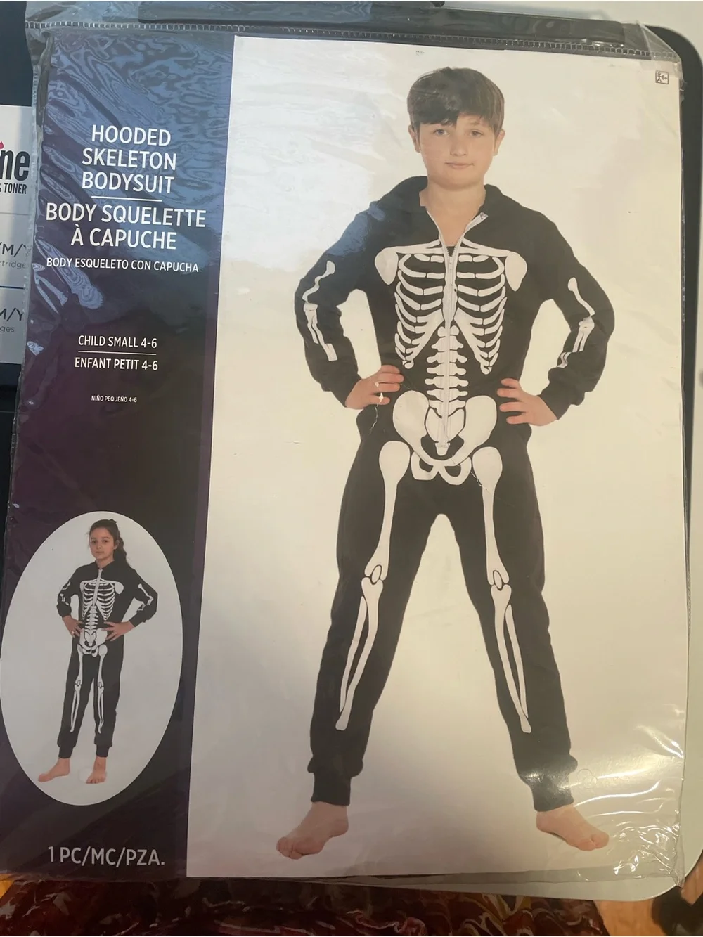 Hooded Skeleton Bodysuit Kids Costume - Black size 4-6